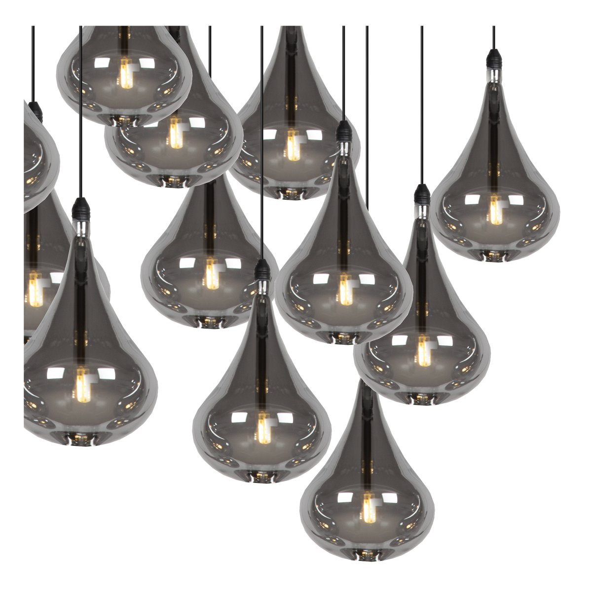 Tears 102cm Røykfarget Taklampe Fra Lucide - De dr&aring;peformede, r&oslash;kt glassskjermene som gir lampen navnet sitt, er gruppert i 16 niv&aring;er p&aring; en rektangul&aelig;r metallplate i taket.
