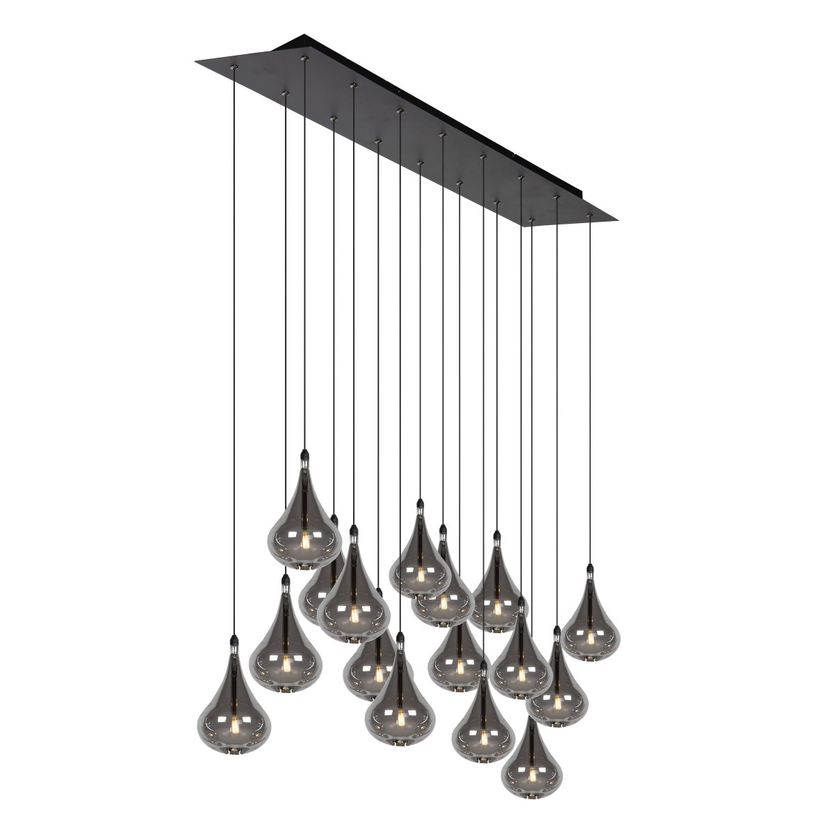 Tears 102cm Røykfarget Taklampe Fra Lucide - De dr&aring;peformede, r&oslash;kt glassskjermene som gir lampen navnet sitt, er gruppert i 16 niv&aring;er p&aring; en rektangul&aelig;r metallplate i taket.