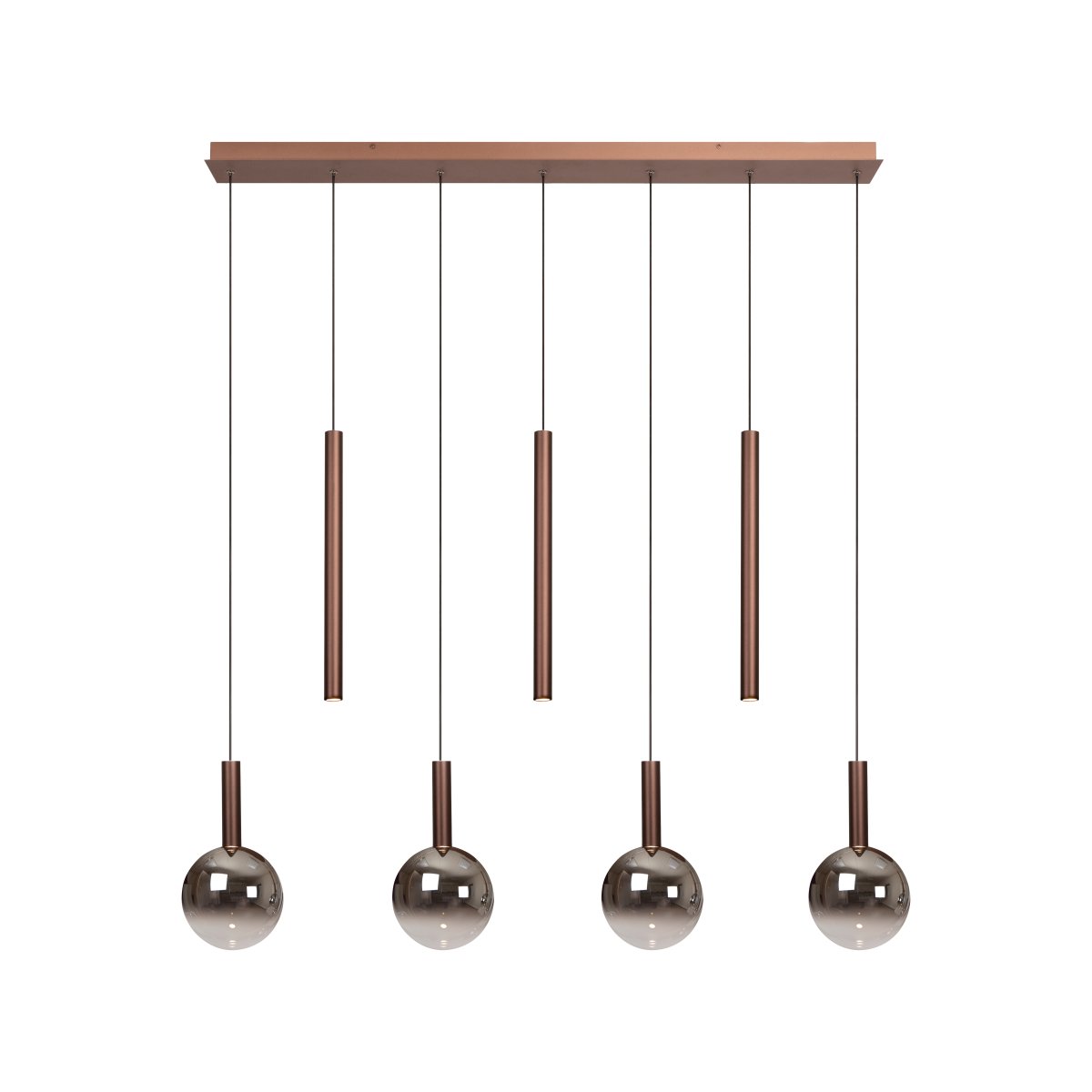 Jamsine 137cm Kopper Taklampe Fra Lucide - De r&oslash;kt fargeskjermene sprer et varmt og behagelig lys, mens de tre spotlightene gir et rettet og sterkt lys nedover.