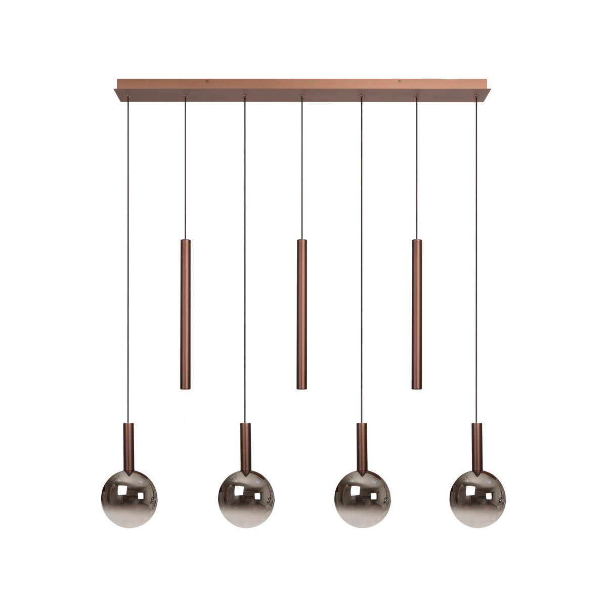 Jamsine 137cm Kopper Taklampe Fra Lucide - De r&oslash;kt fargeskjermene sprer et varmt og behagelig lys, mens de tre spotlightene gir et rettet og sterkt lys nedover.