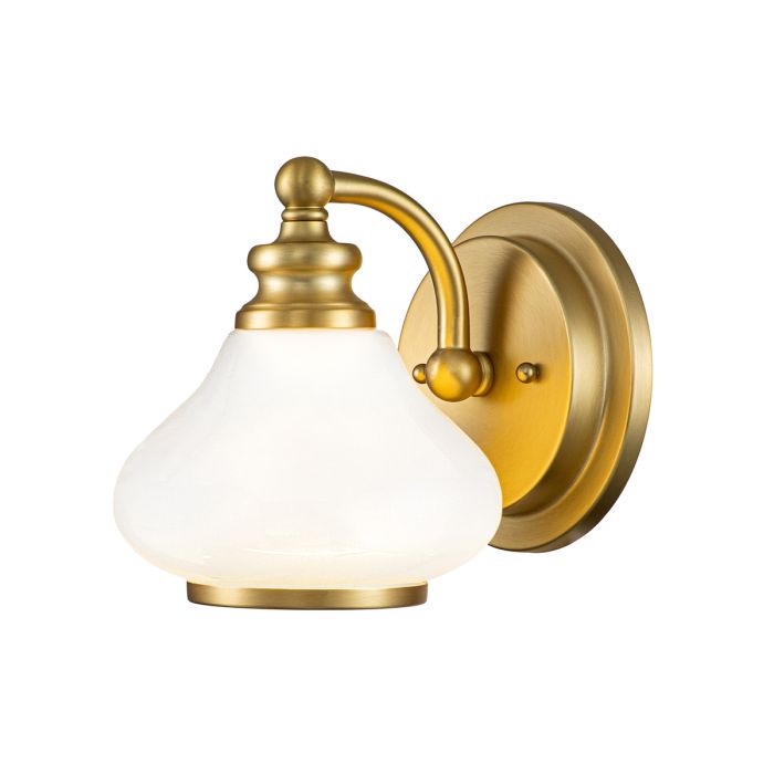 Ainsley Ø16 Børstet messing baderomslampe Fra Elstead Lighting - Den kuppelformede opalglasskjermen gir et mykt og behagelig lys og er kombinert med en elegant b&oslash;rstet messingfinish som setter prikken over i-en.