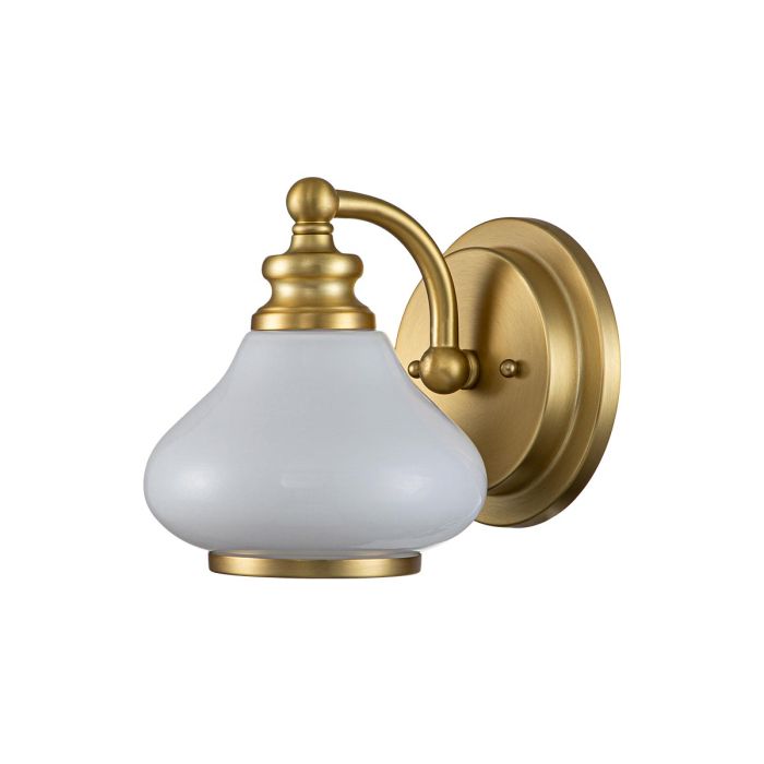 Ainsley Ø16 Børstet messing baderomslampe Fra Elstead Lighting - Den kuppelformede opalglasskjermen gir et mykt og behagelig lys og er kombinert med en elegant b&oslash;rstet messingfinish som setter prikken over i-en.