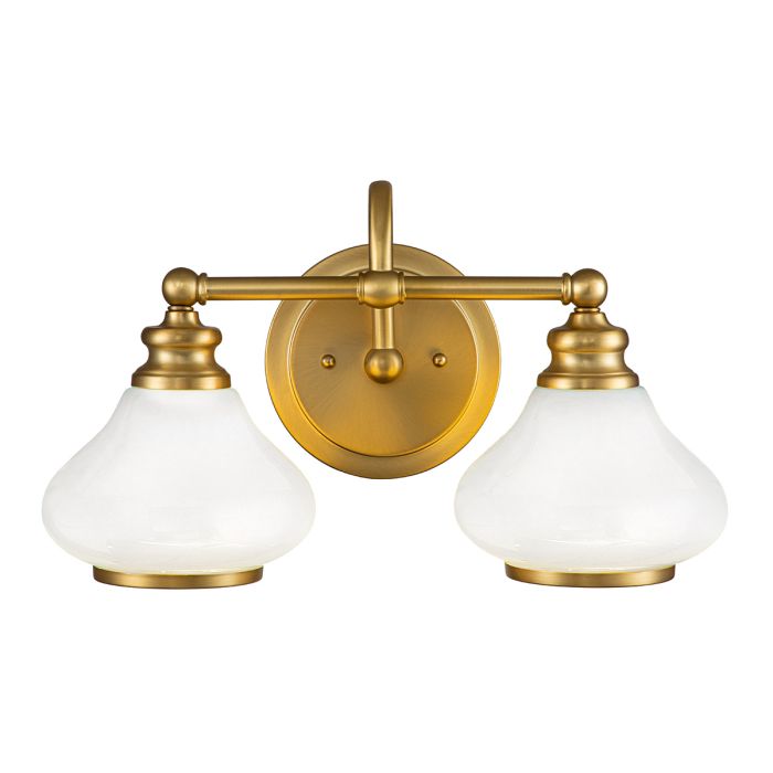 Ainsley 40cm Børstet messing baderomslampe Fra Elstead Lighting - De kuppelformede opalglasskjermene gir et mykt og behagelig lys og er kombinert med en elegant b&oslash;rstet messingfinish som setter prikken over i-en.