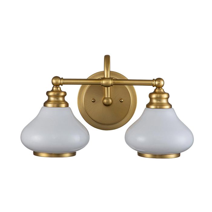 Ainsley 40cm Børstet messing baderomslampe Fra Elstead Lighting - De kuppelformede opalglasskjermene gir et mykt og behagelig lys og er kombinert med en elegant b&oslash;rstet messingfinish som setter prikken over i-en.