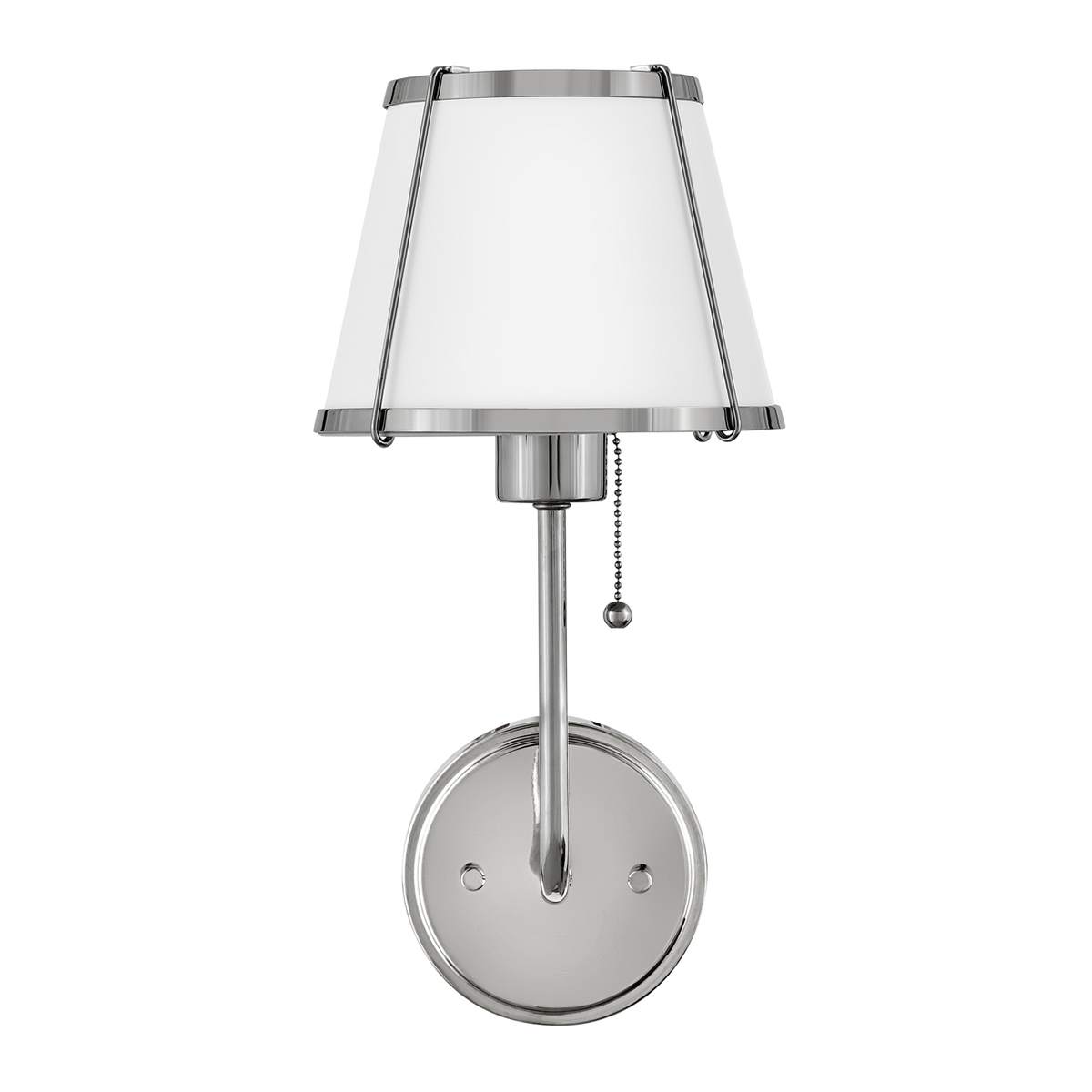 Clarke 40cm Nikkel/hvit vegglampe Fra Elstead Lighting - Lampen er utstyrt med en praktisk trekkbryter som gjør den enkel å slå av og på.