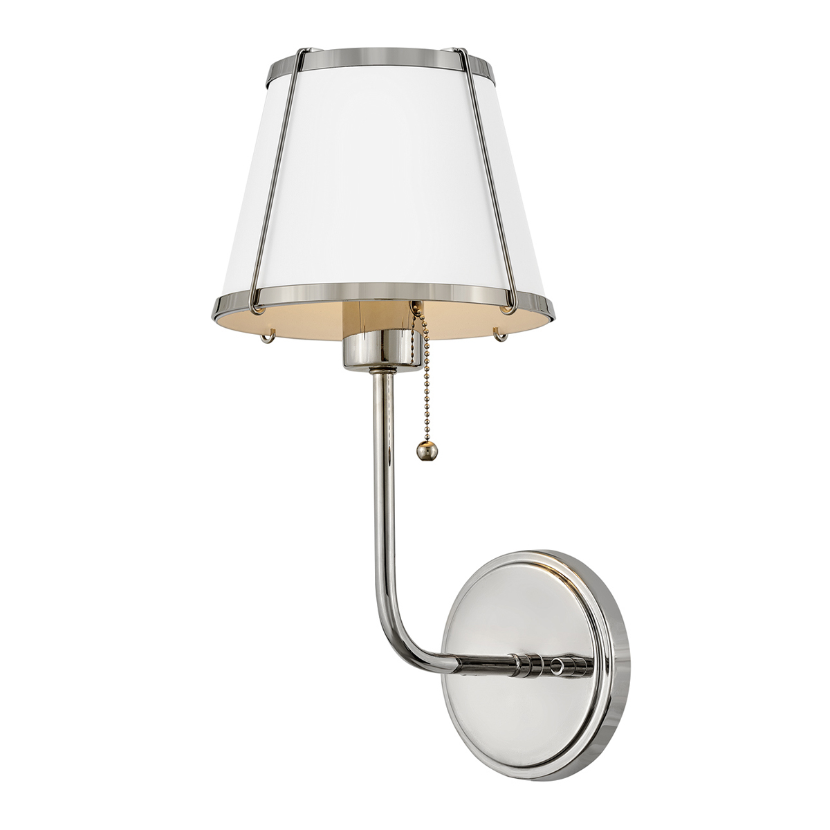 Clarke 40cm Nikkel/hvit vegglampe Fra Elstead Lighting - Lampen er utstyrt med en praktisk trekkbryter som gjør den enkel å slå av og på.