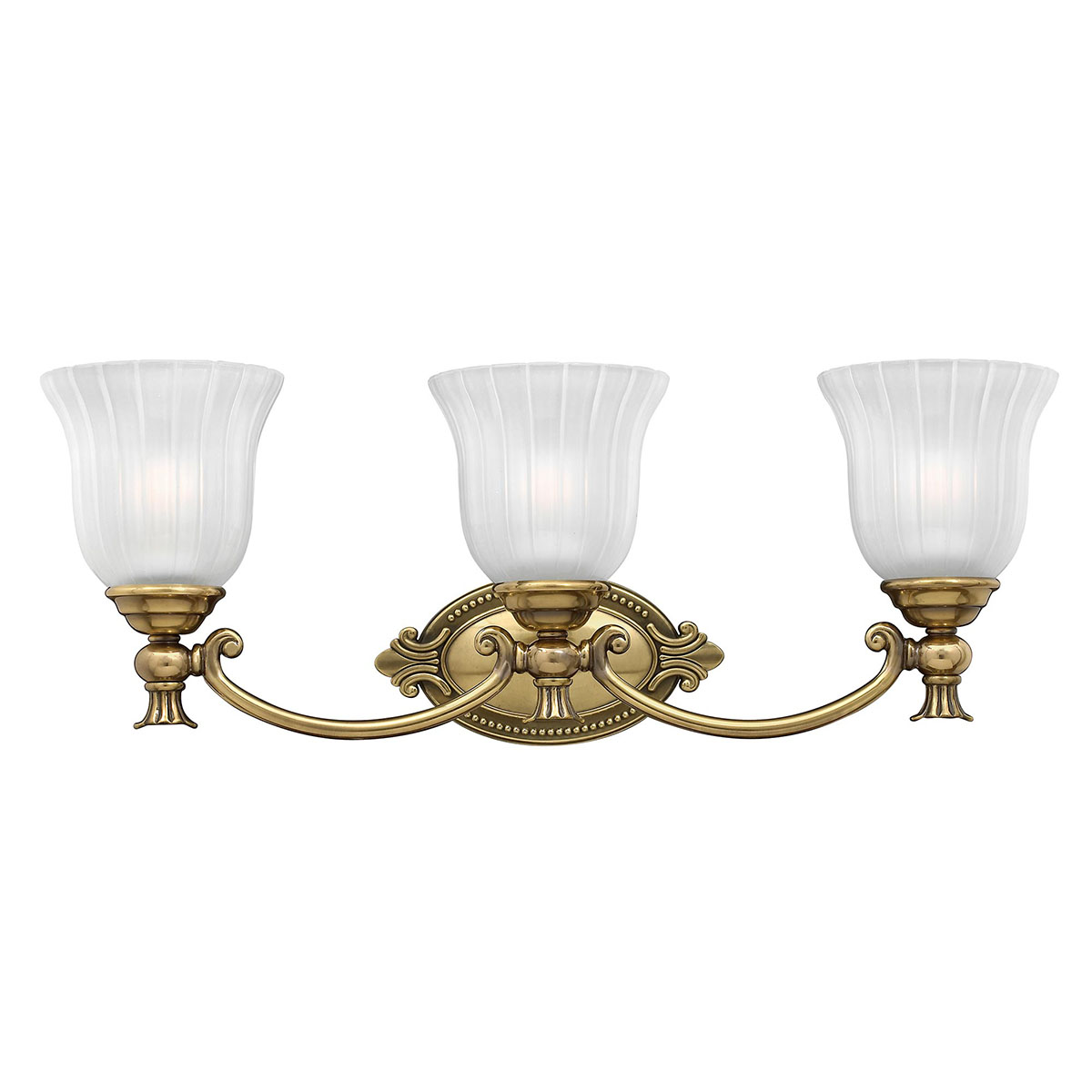 Francoise 64cm Messing baderomslampe Fra Elstead Lighting - Den har en vakker kuppel av frostet glass med riflet design som sprer et mykt lys, og den dekorative messingbasen gir et stilig preg.