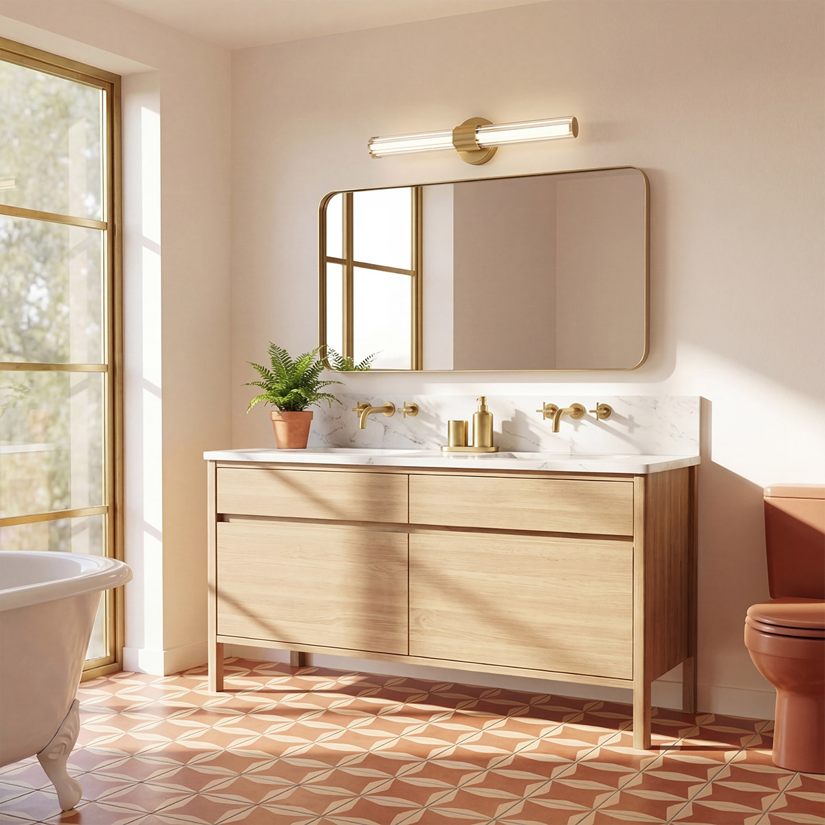 Georgette 60cm Messing baderomslampe Fra Elstead Lighting - Georgette er en elegant vegglampe til badet med et dekorativt og symmetrisk design.