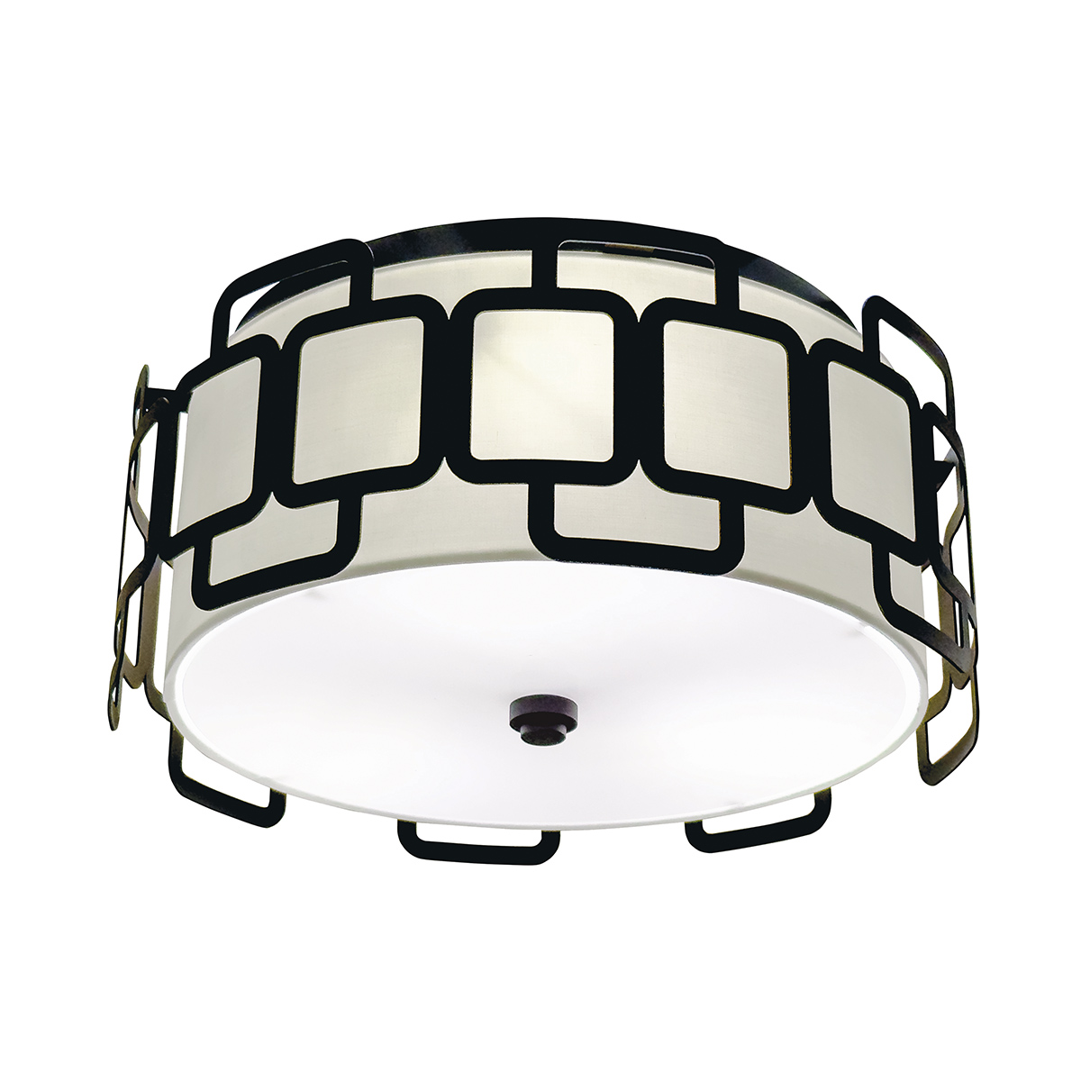 Sabina Ø38 Svart plafond Fra Elstead Lighting - Under er det en sokkelplate i hvit plast som sprer lyset jevnt og blendfritt i rommet.