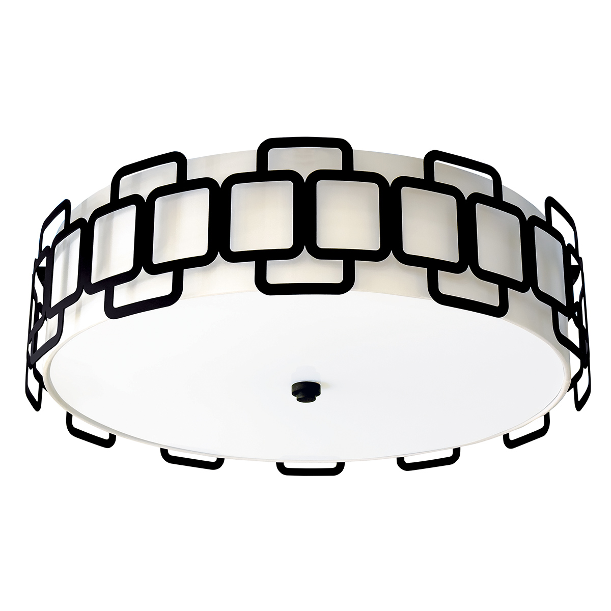 Sabina Ø57 Svart plafond Fra Elstead Lighting - Under er det en sokkelplate i hvit plast som sprer lyset jevnt og blendfritt i rommet.