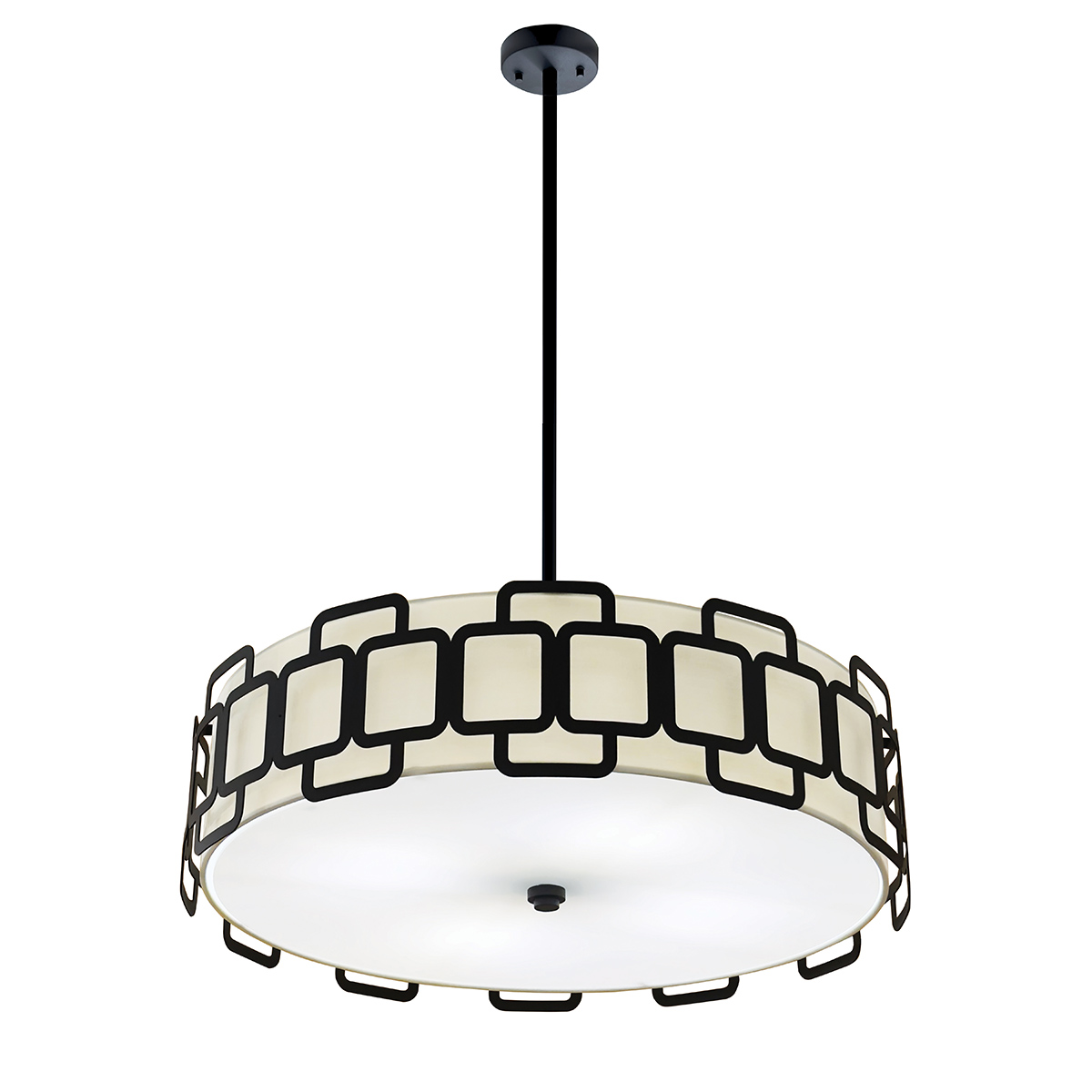 Sabina Ø57 Svart Taklampe Fra Elstead Lighting - Under er en sokkelplate i hvit plast som sprer lyset jevnt og blendfritt i rommet.