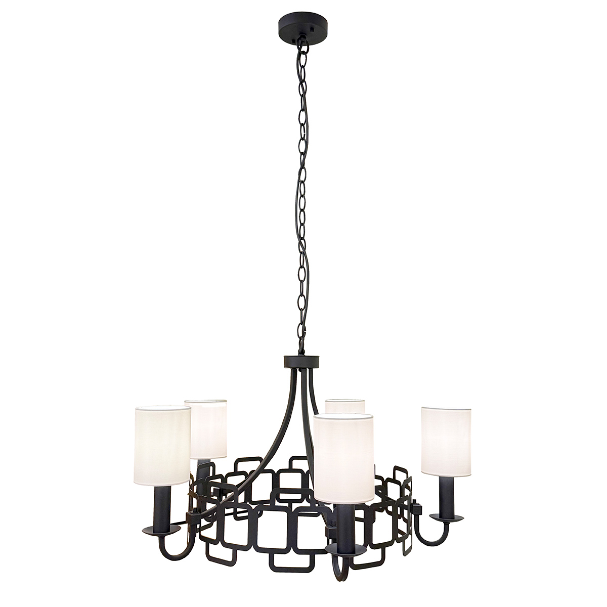 Sabina Ø72 Svart Taklampe Fra Elstead Lighting - Den svarte st&aring;lrammen er utsmykket med et geometrisk m&oslash;nster som gir lampen et moderne og s&aelig;regent preg.