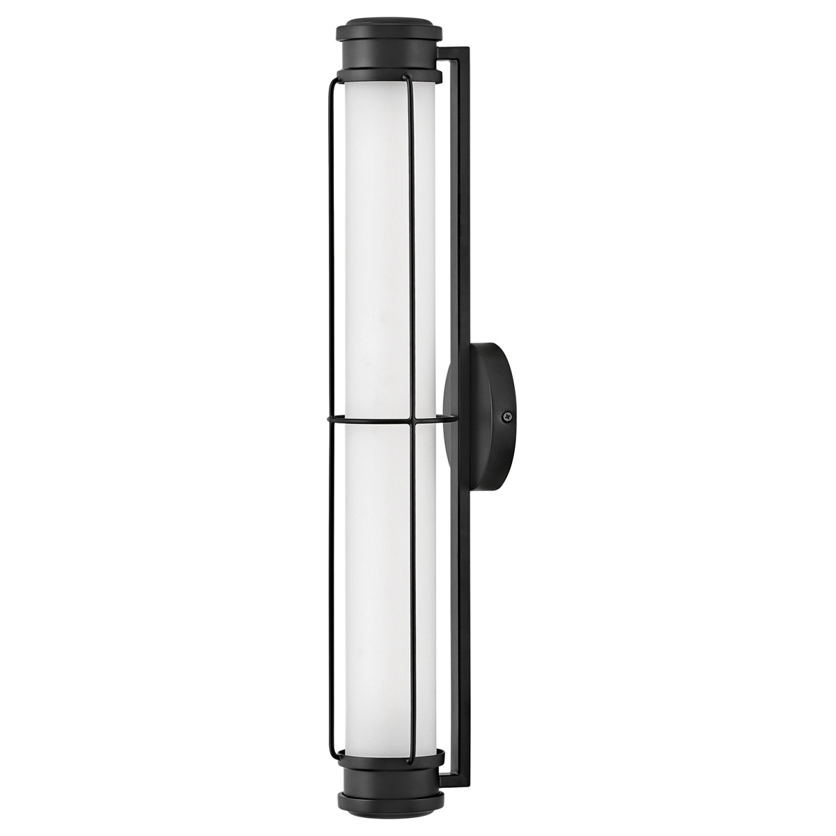 Saylor 60cm Svart baderomslampe Fra Elstead Lighting - Lampen er laget av metall med en matt sort finish og har et avlangt opalglass som sprer et jevnt og fint lys.