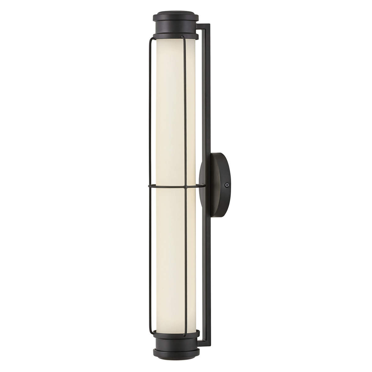 Saylor 60cm Svart baderomslampe Fra Elstead Lighting - Lampen er laget av metall med en matt sort finish og har et avlangt opalglass som sprer et jevnt og fint lys.