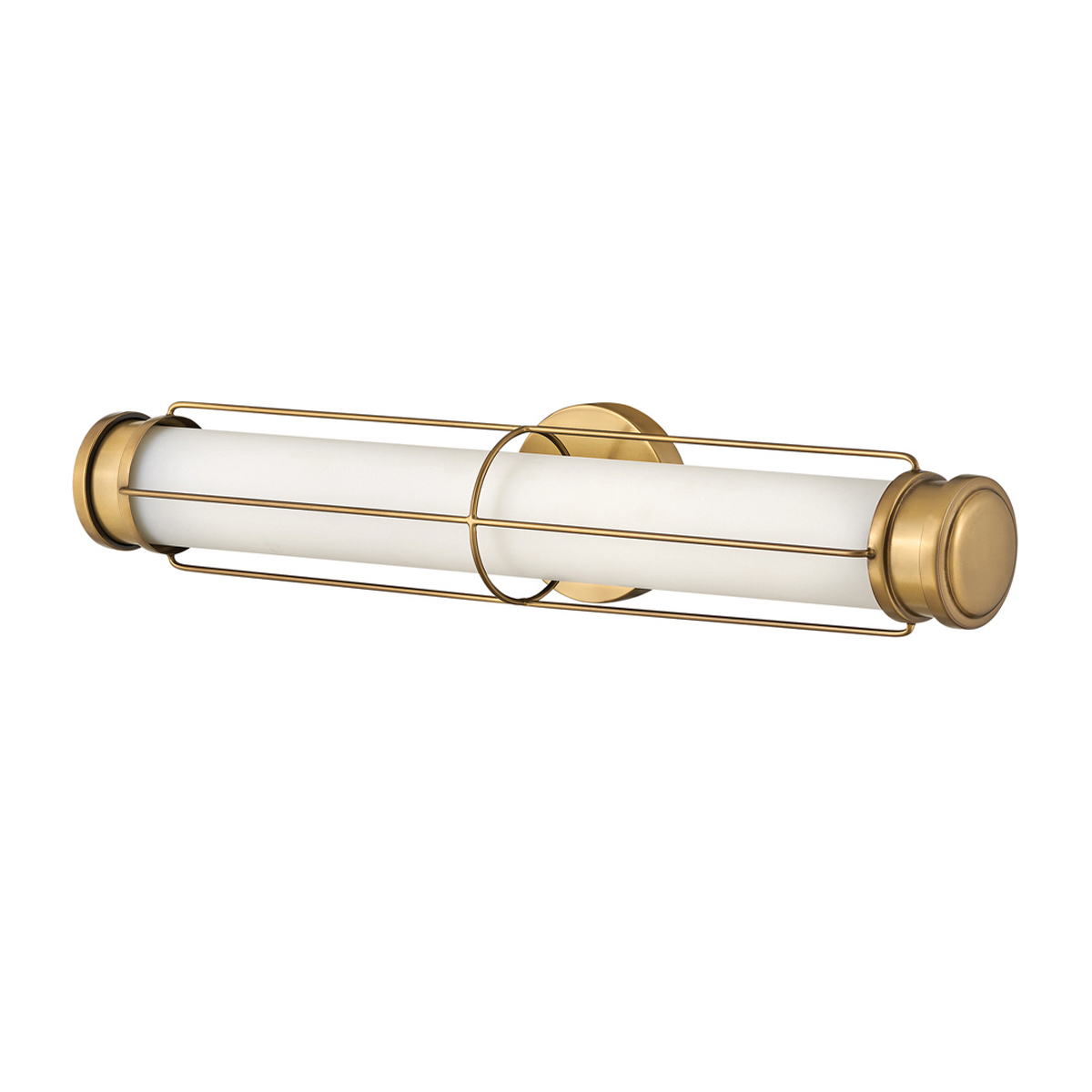 Saylor 60cm Messing baderomslampe Fra Elstead Lighting - Lampen er laget av metall med en varm messingfinish og har et avlangt opalglass som sprer et jevnt og fint lys.