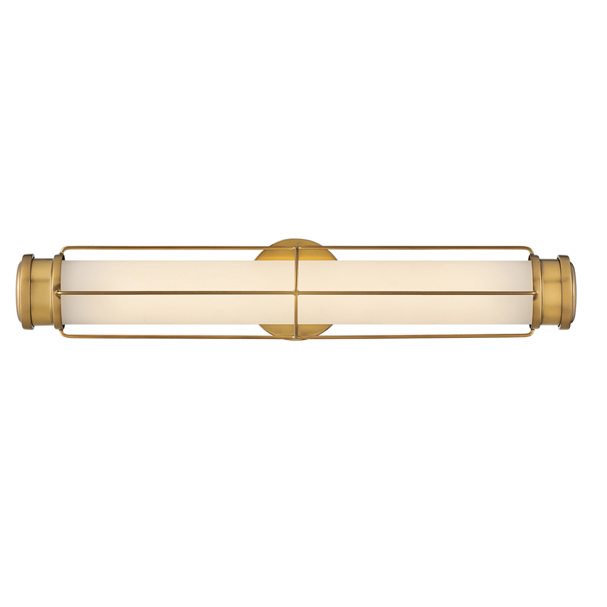 Saylor 60cm Messing baderomslampe Fra Elstead Lighting - Lampen er laget av metall med en varm messingfinish og har et avlangt opalglass som sprer et jevnt og fint lys.