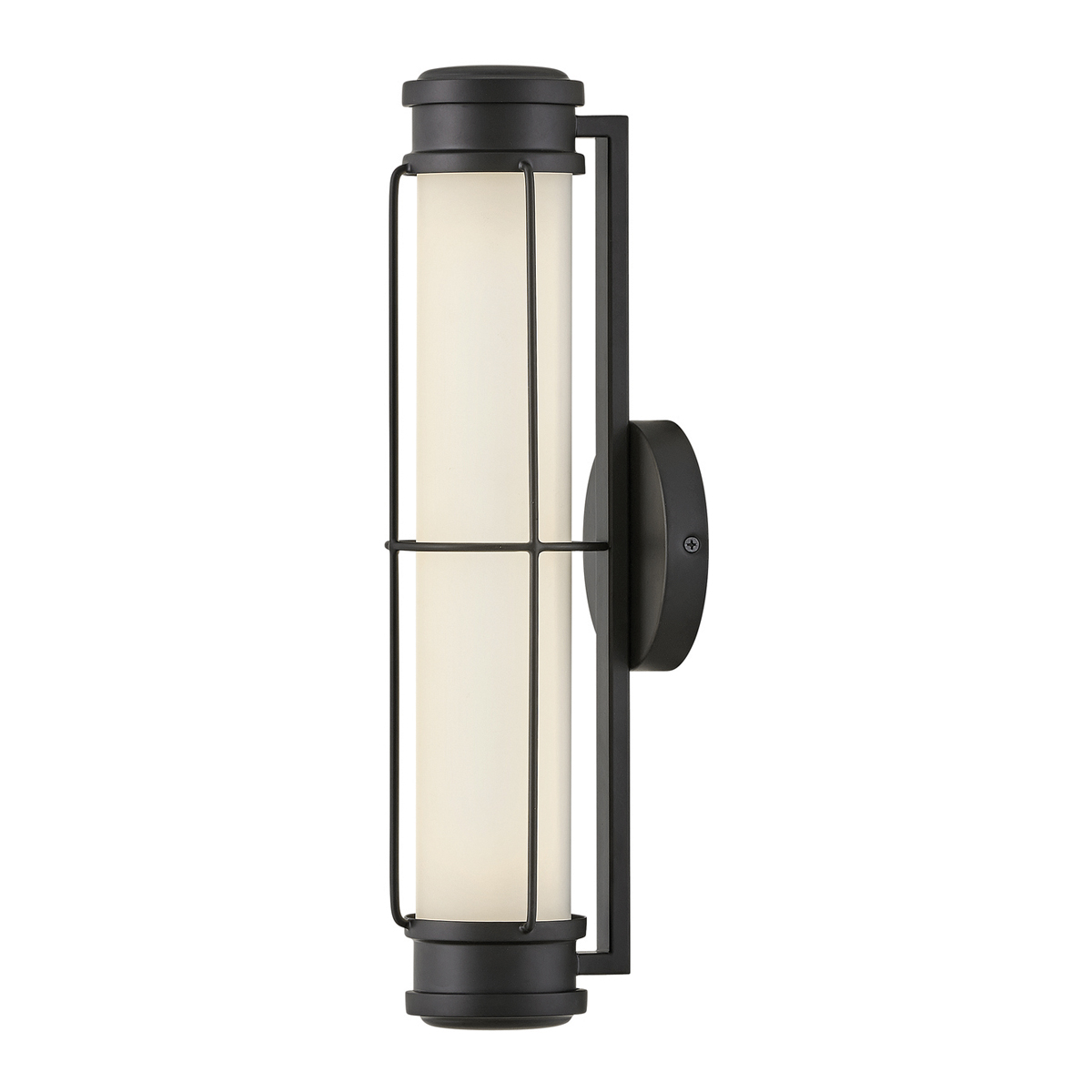 Saylor 43cm Svart baderomslampe Fra Elstead Lighting - Armaturen er laget av metall med en matt sort finish og har et avlangt opalglass som sprer et jevnt og fint lys.
