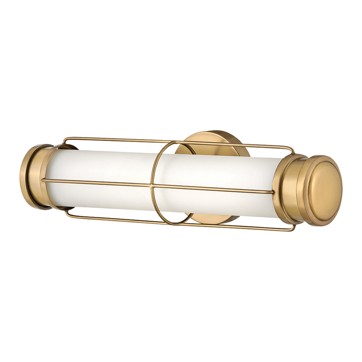 Saylor 43cm Messing baderomslampe Fra Elstead Lighting - Lampen er laget av metall med en varm messingfinish og har et avlangt opalglass som sprer et jevnt og fint lys.