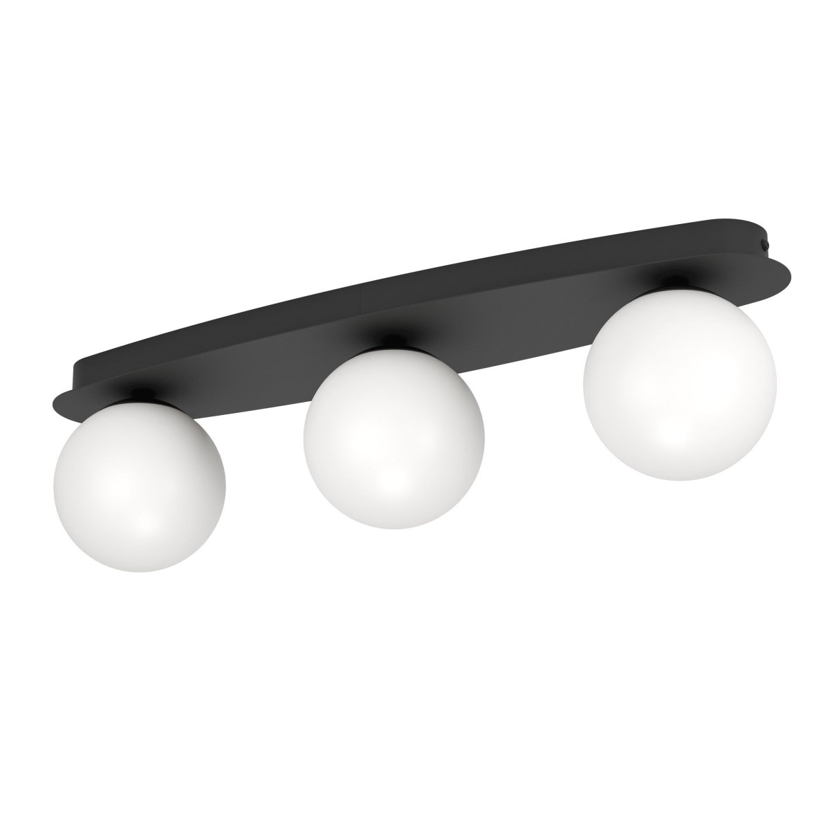 Castrovido 58cm Svart baderomslampe Fra Eglo - Den er laget av svart metall og har tre runde opalglasskugler som sprer et mykt og jevnt lys.