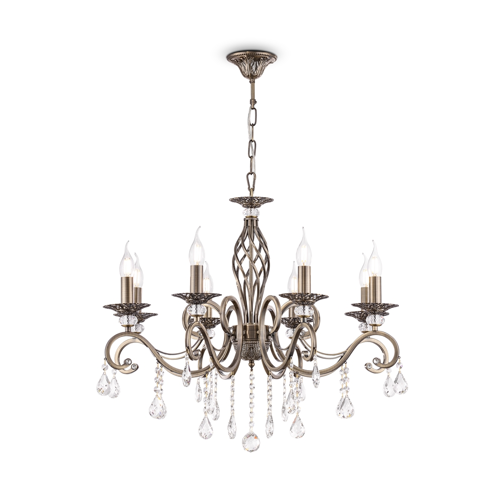 Grace Ø72 Bronse Taklampe Fra Maytoni - Grace er en elegant metalllysekrone med en stilig bronsefinish og dekorative prismer som reflekterer lyset vakkert.
