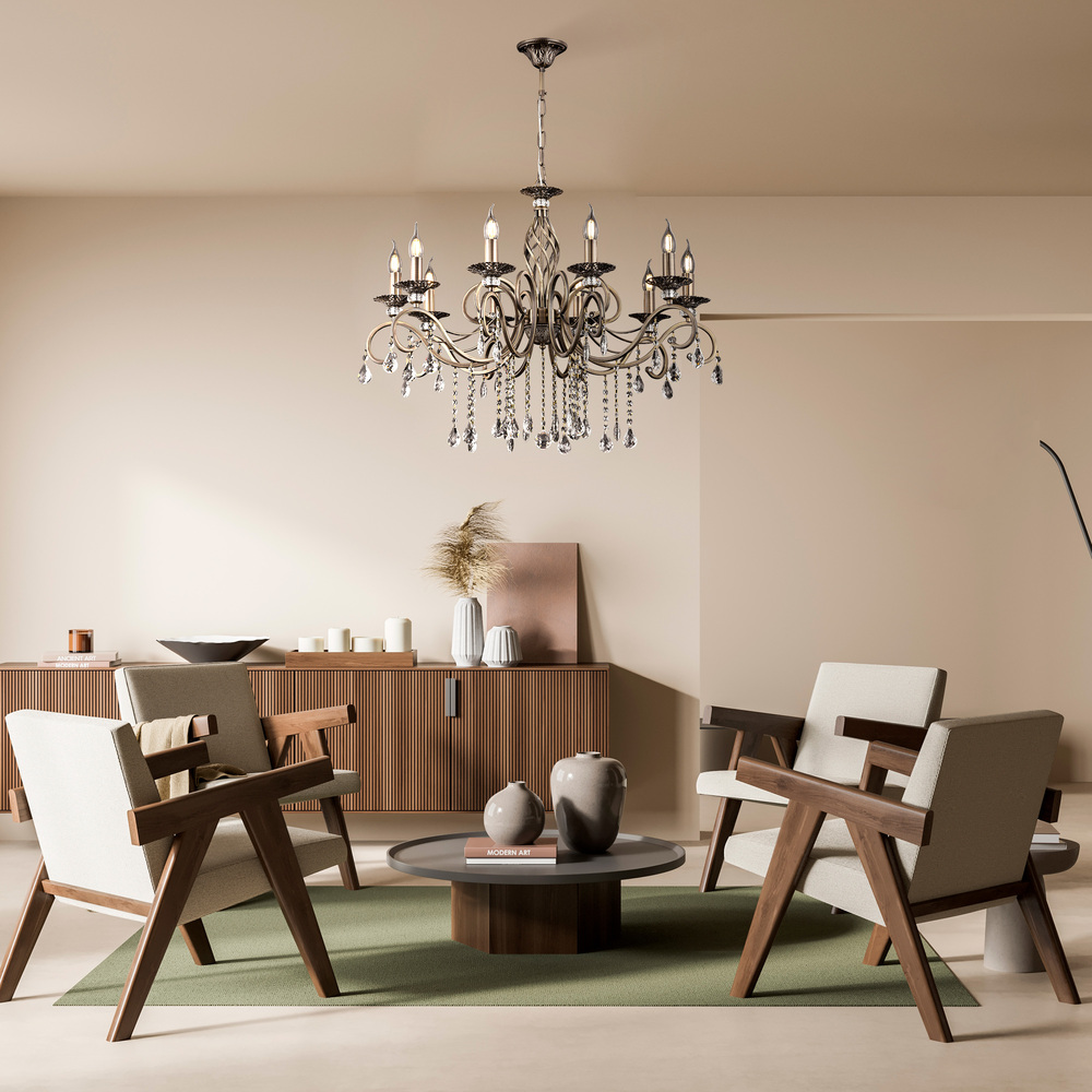 Grace Ø85 Bronse Taklampe Fra Maytoni - Grace er en elegant metalllysekrone med en stilig bronsefinish og dekorative prismer som reflekterer lyset vakkert.