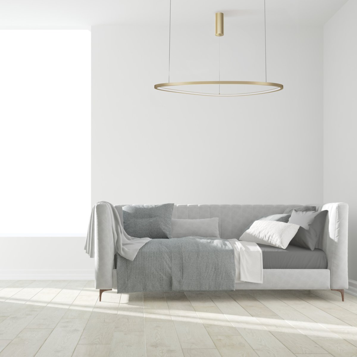 Glint Ø80 Messing Taklampe Fra Maytoni - Den smale, sirkulære messingrammen henger elegant fra tynne ledninger og gir et svevende inntrykk og skaper en følelse av letthet og rom i hjemmet ditt.