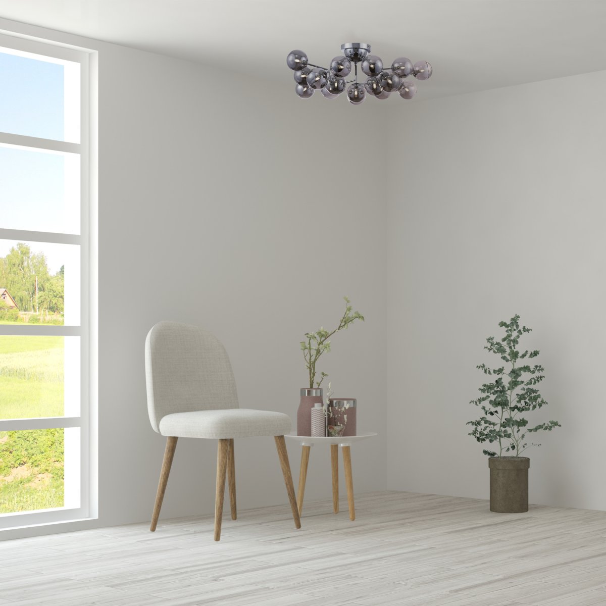 Dallas 20 Krom plafond Fra Maytoni - Den unike designen med runde glaskupler i forskjellige retninger skaper et dramatisk og elegant lysspill som fyller rommet med varme og karakter.