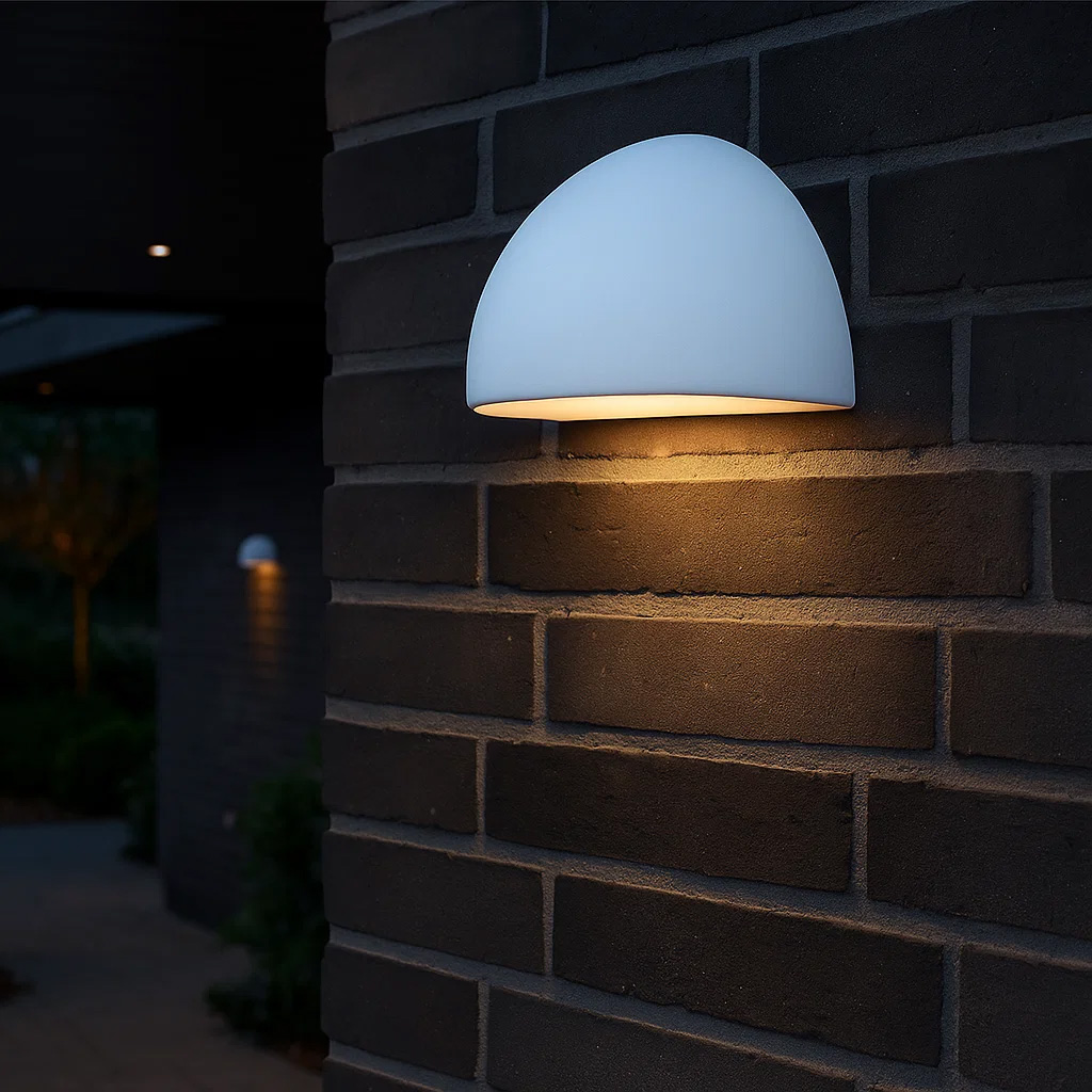 Karlskrona Hvit utendørslampe Fra Nordic Lighting - Lampen lyser fint ned p&aring; fasaden.