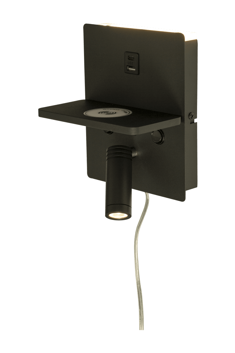 Astor Svart leselampe Fra Aneta Lighting - Laget i sortlakkert metall og med justerbart leselys p&aring; forsiden og en mer diskret indirekte belysning p&aring; baksiden.