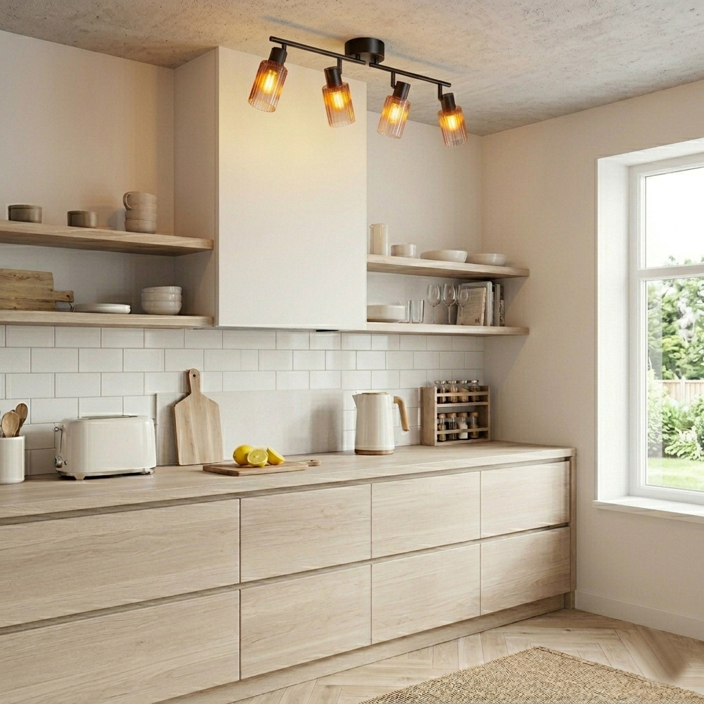Kiera 4 Svart/ravfarget spotlight Fra Cottex - Kiera er en stilig spotlight med matt svart ramme og fire bevegelige skjermer i riflet, ravfarget glass.