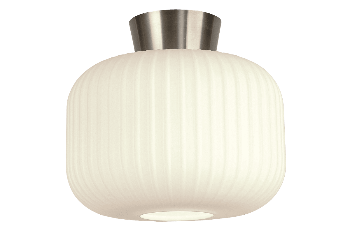 Zoom bilde av Vanja Ø28 Hvit/stål plafond Fra Aneta Lighting - Det hvite glasset sprer et jevnt og behagelig lys, mens takplaten i st&aring;lfinish er en elegant detalj som gir lampen et varmt uttrykk.