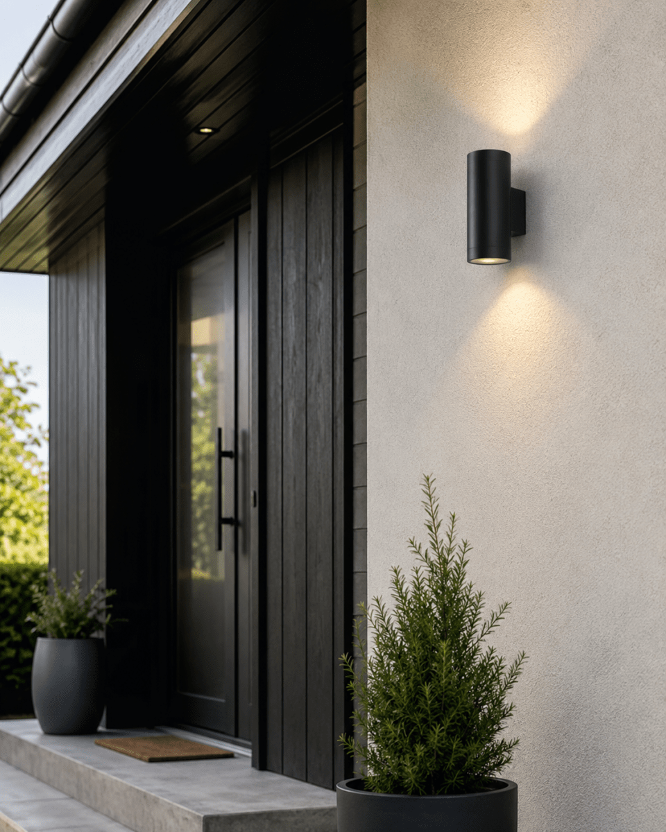 Oden Duo Svart utendørslampe Fra Lampan - Lampan lyser fint b&aring;de upp och ner p&aring; v&auml;ggen.