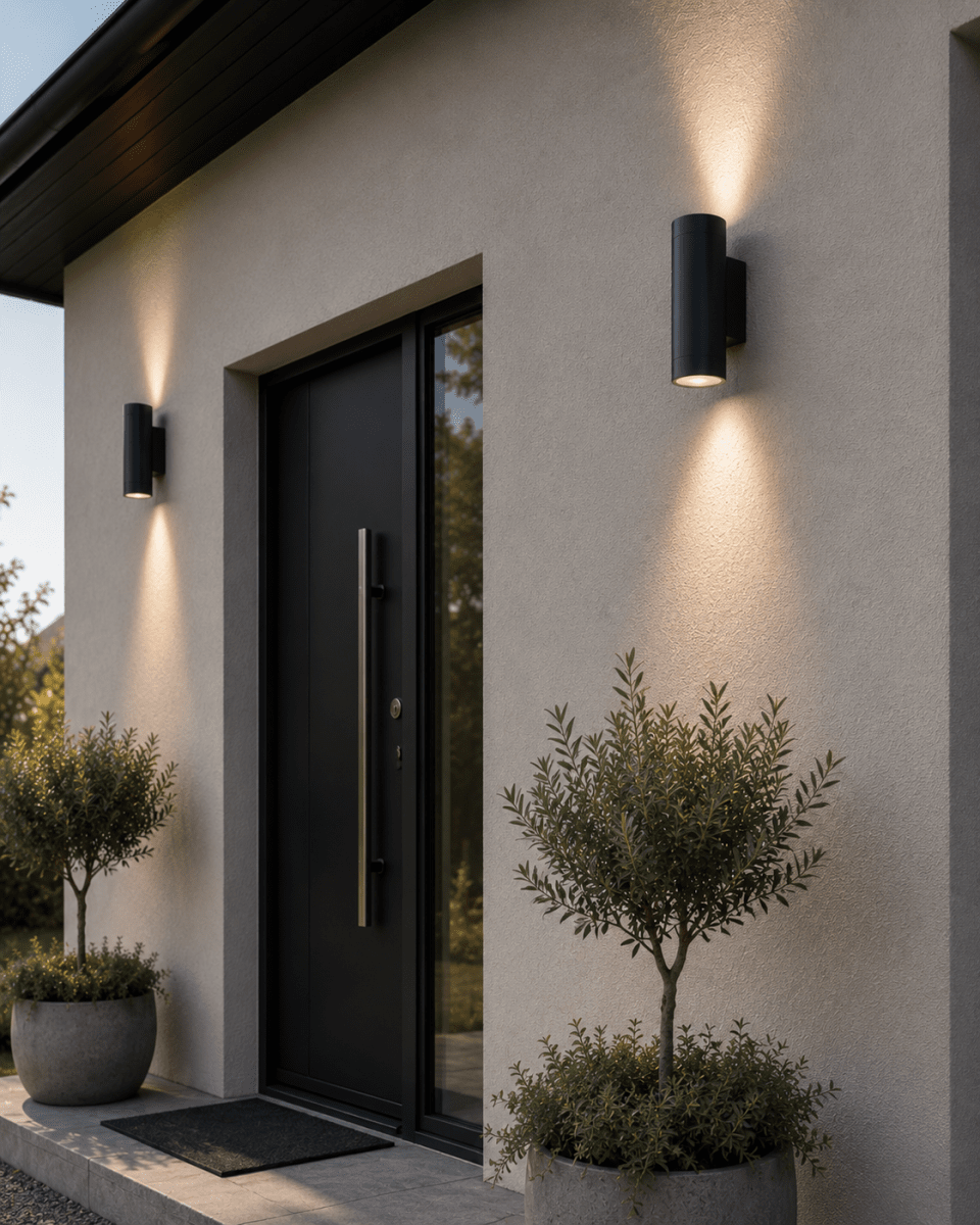 Oden Duo Antrasitt utendørslampe Fra Lampan - Lampan lyser fint b&aring;de upp och ner p&aring; v&auml;ggen.