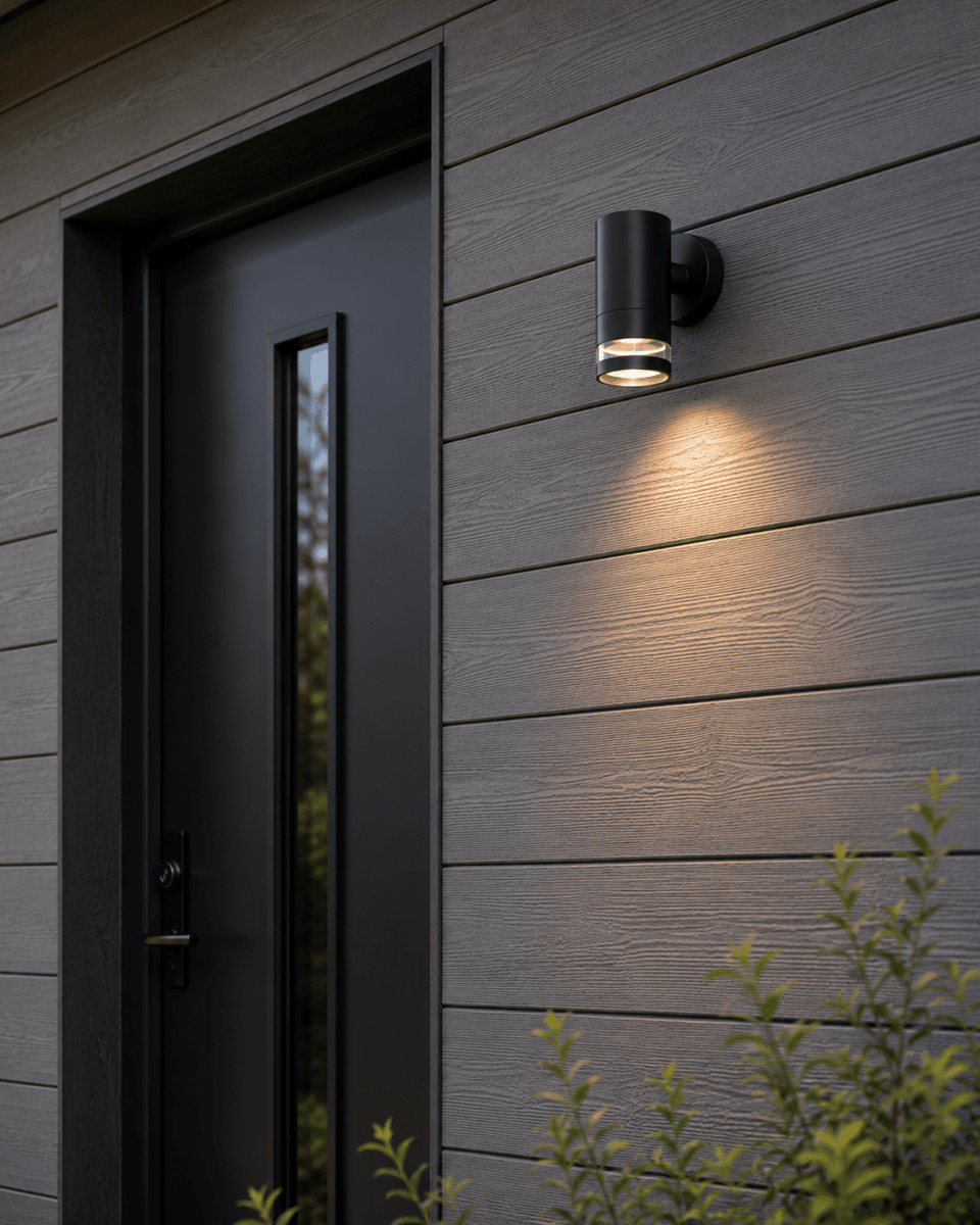 Cylinder Svart utendørslampe Fra Lampan - Lampan lyser fint ner p&aring; v&auml;ggen och skapar en h&auml;rlig atmosf&auml;r.