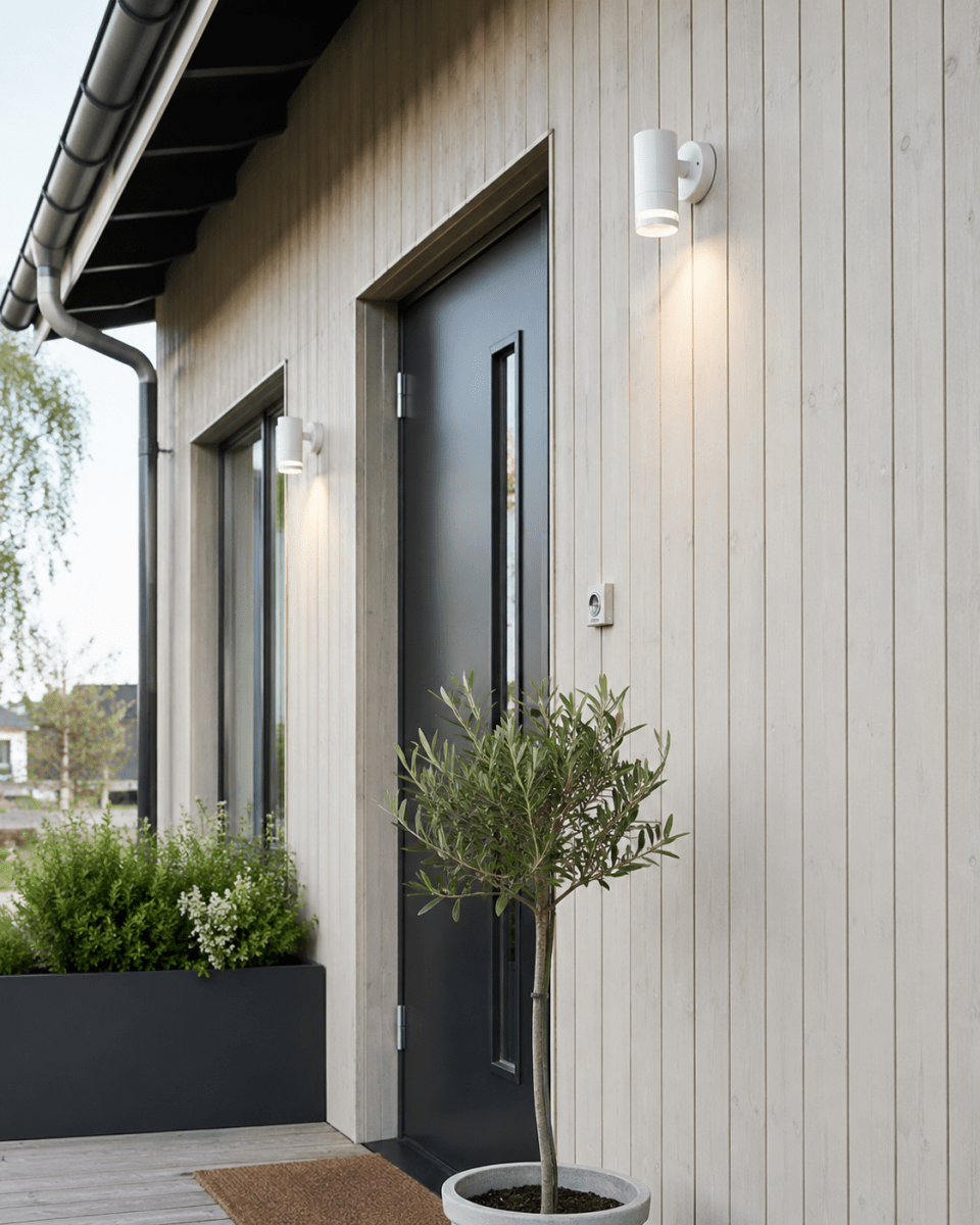 Cylinder Hvit utendørslampe Fra Lampan - Lampan lyser fint ner p&aring; v&auml;ggen och skapar en h&auml;rlig atmosf&auml;r.