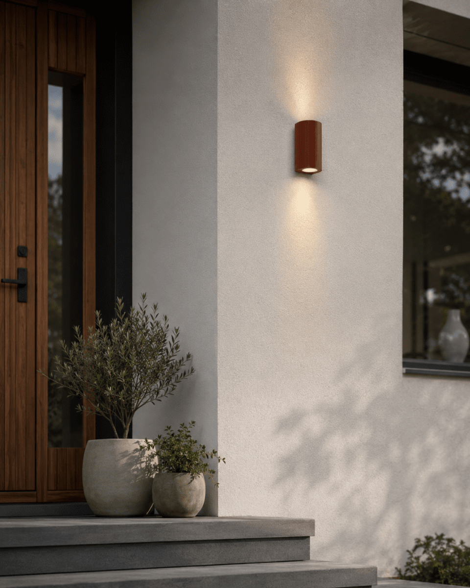 Freja Duo Rust utendørslampe Fra Lampan - Lyset rettes b&aring;de oppover og nedover og skaper en vakker lyseffekt som fremhever fasaden og gir et innbydende inntrykk.