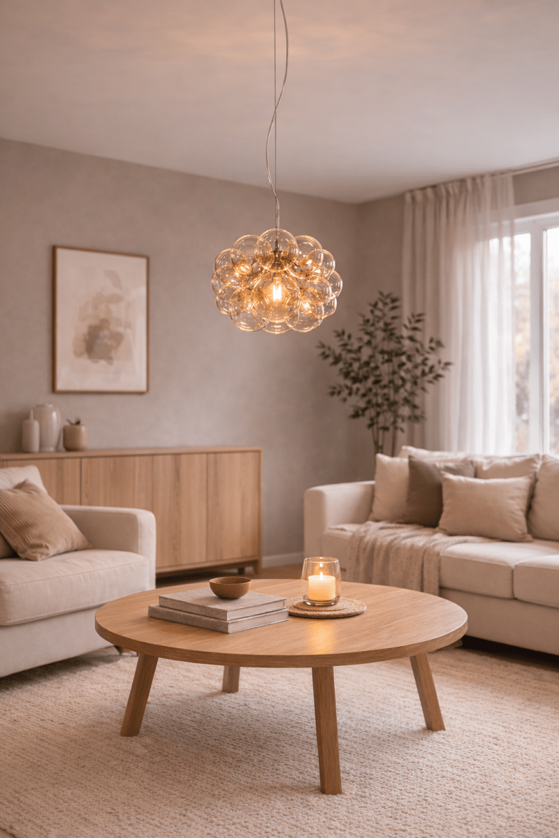 Lustro Ø40 Rav Taklampe Fra By Rydéns - Lustro er en dekorativ og elegant pendellampe i forkrommet metall med flere ravfargede glassskjermer i klyngeformat.