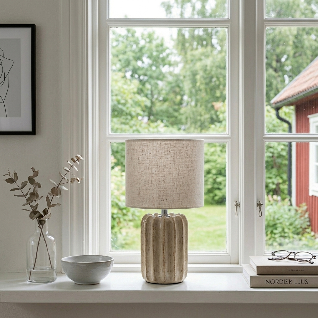 Flint 33cm Beige bordlampe Fra Cottex - Lampebasen er kombinert med en beige tekstilskjerm som skaper en myk og harmonisk helhet.