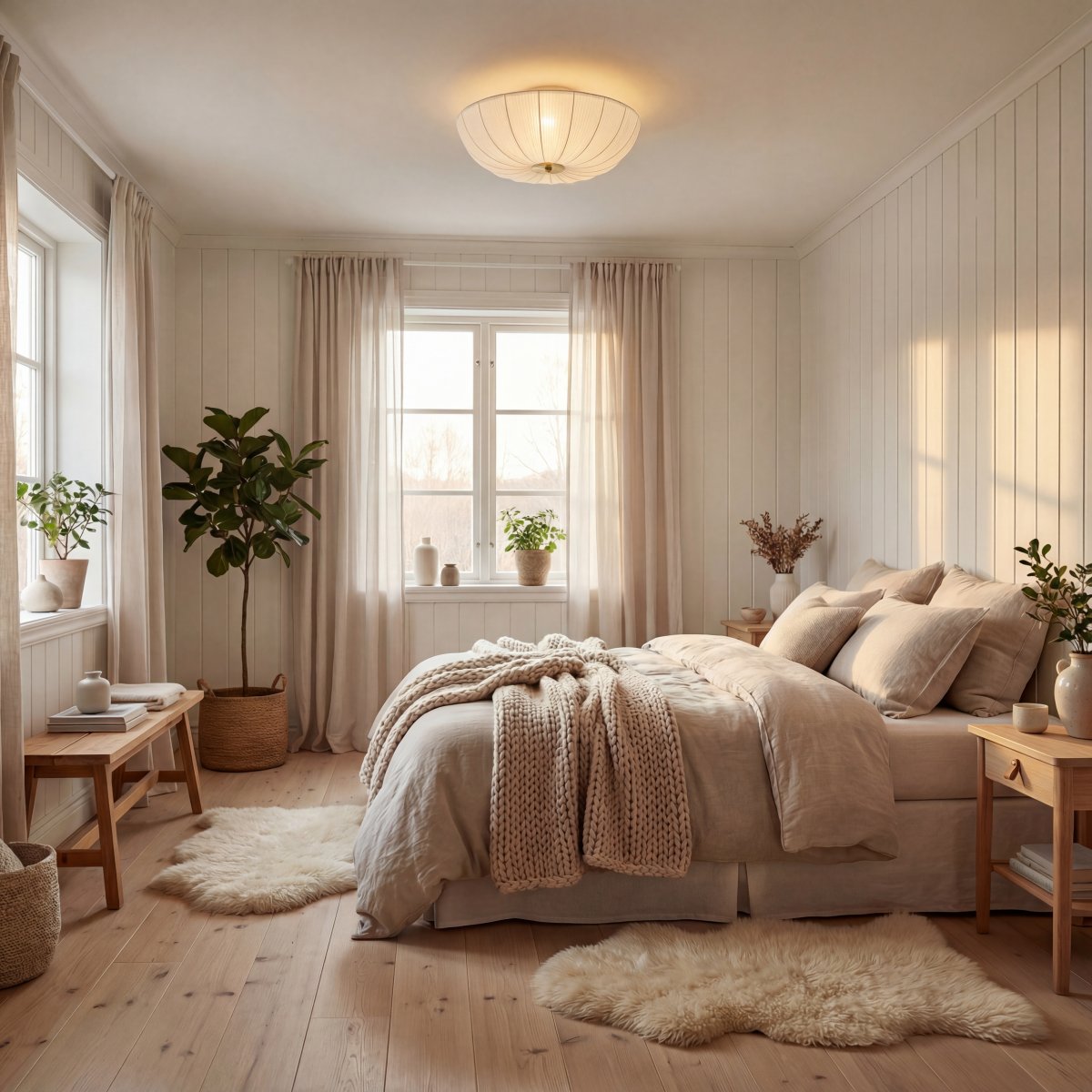 Lady Ø45 Hvit plafond Fra Aneta Lighting - N&aring;r lampen er p&aring;, sprer et mykt og behagelig lys seg gjennom stoffet og skaper en varm atmosf&aelig;re i rommet.