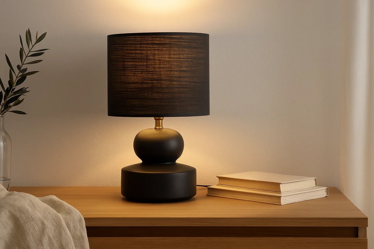 Muschi 36cm Svart bordlampe Fra Nordic Lighting - Det stilige designet og den m&oslash;rke fargetonen gir et elegant inntrykk og er perfekt for &aring; skape koselig og stemningsfull belysning i stuen, soverommet eller gangen.