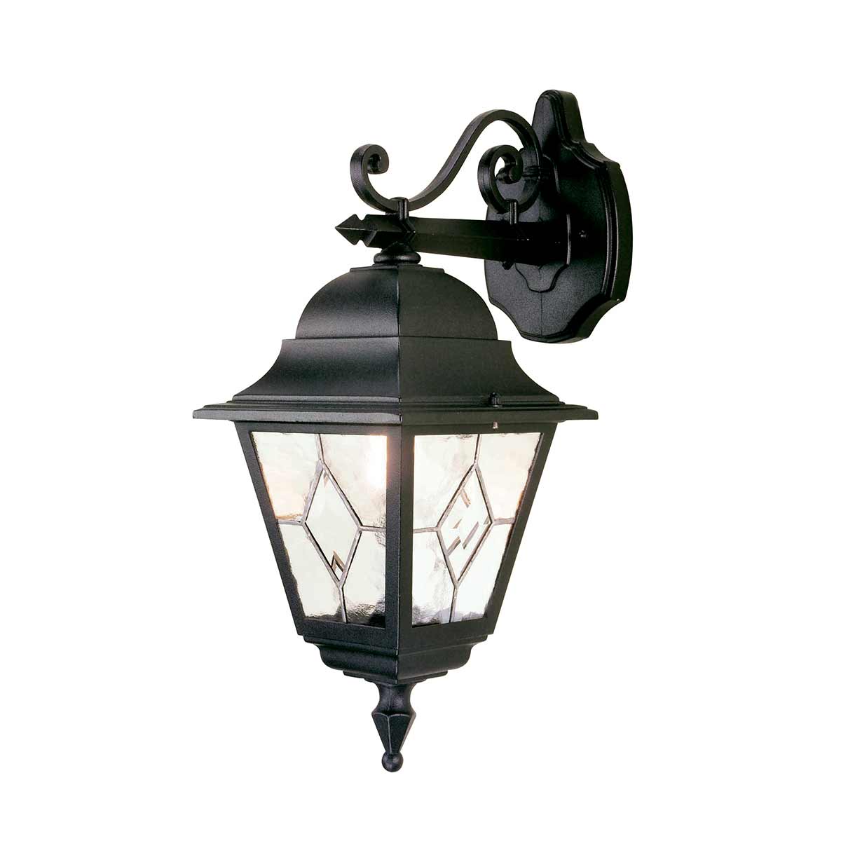 Norfolk Svart utendørslampe Fra Elstead Lighting - Norfolk vegglampe tilbyr et elegant og moderne design med sine blyholdige glasspaneler, hvor hvert panel best&aring;r av fem h&aring;ndsk&aring;rne glassbiter.