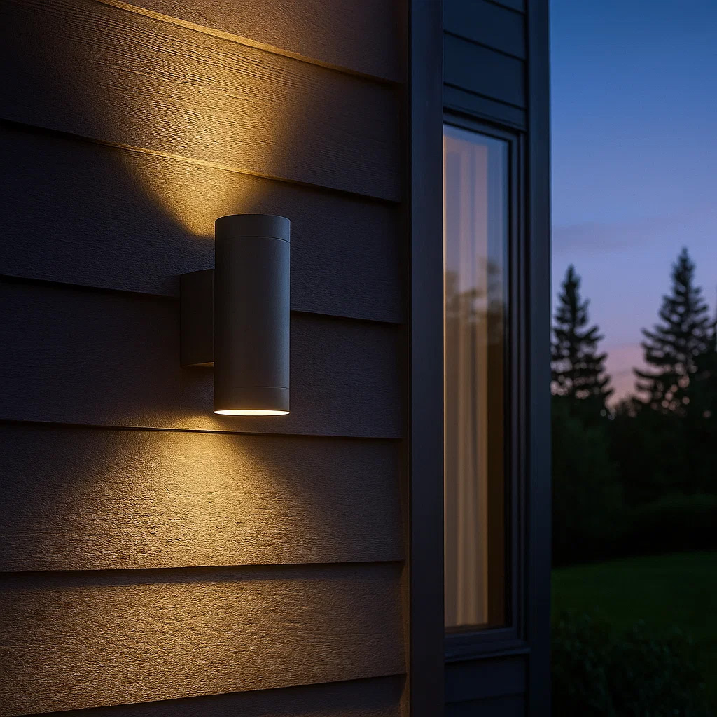 Oden Duo Antrasitt utendørslampe Fra Lampan - Lampan lyser fint b&aring;de upp och ner p&aring; v&auml;ggen.