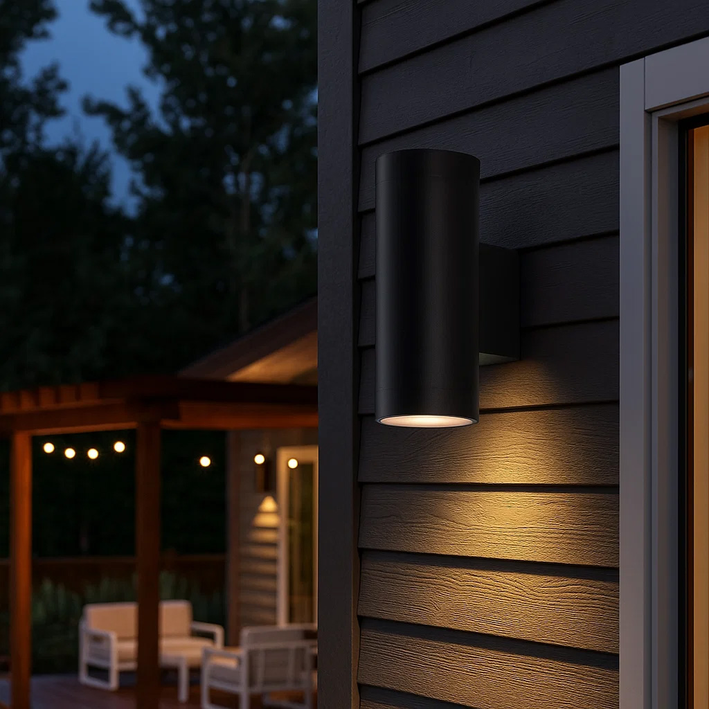 Oden Duo Svart utendørslampe Fra Lampan - Lampan lyser fint b&aring;de upp och ner p&aring; v&auml;ggen.