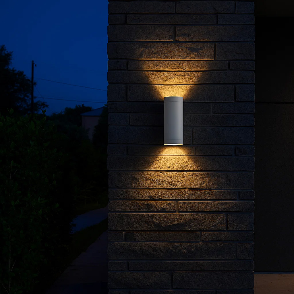 Oden Duo Hvit utendørslampe Fra Lampan - Lampan lyser fint b&aring;de upp och ner p&aring; v&auml;ggen.