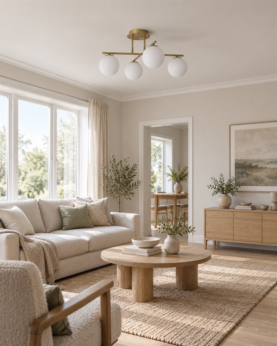 Globi 4 Ø65 Børstet messing/hvit plafond Fra Nordic Lighting - Metallrammen i b&oslash;rstet messingfinish skaper en elegant kontrast til de fire runde opalglasskuppelene, som sprer lyset jevnt i rommet uten &aring; blende.