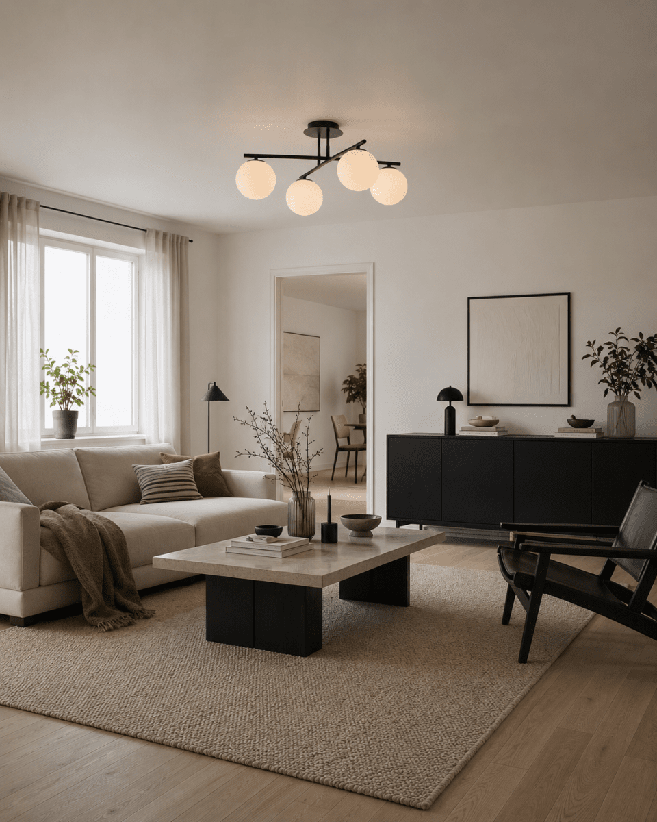 Globi 4 Ø65 Svart og hvitt plafond Fra Nordic Lighting - Globi 4 er en moderne taklampe som gir et stilig uttrykk og et mykt, behagelig lys.