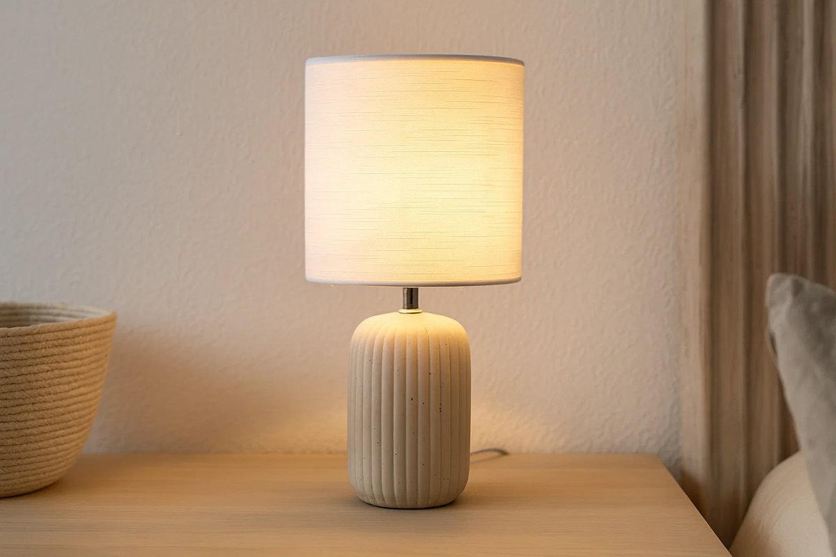 Palizzo 33cm Beige bordlampe Fra Nordic Lighting - Palizzo bordlampe har en beige keramisk base med elegante vertikale ribber og en hvit linskjerm.