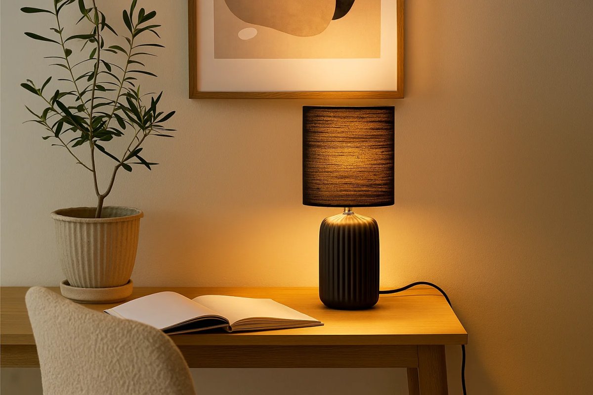 Palizzo 33cm Svart bordlampe Fra Nordic Lighting - Palizzo bordlampe i svart har en stilig keramisk base med elegante riller og en matchende linskjerm.