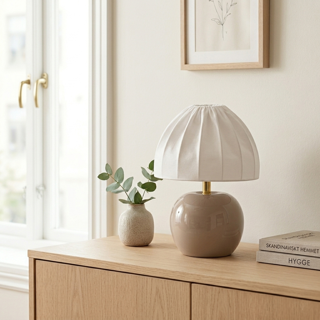 Peach 27cm Beige bordlampe Fra Cottex - Den hvite tekstilskjermen med et vakkert plissert design skaper en fin kontrast til den jordn&aelig;re basen og sprer et mykt og behagelig lys.
