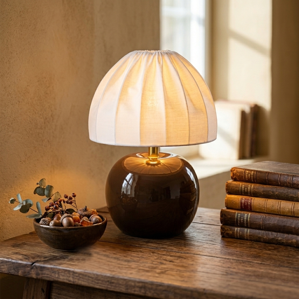 Peach 27cm Brun bordlampe Fra Cottex - Den hvite tekstilskjermen med et vakkert plissert design skaper en fin kontrast til den jordn&aelig;re basen og sprer et mykt og behagelig lys.